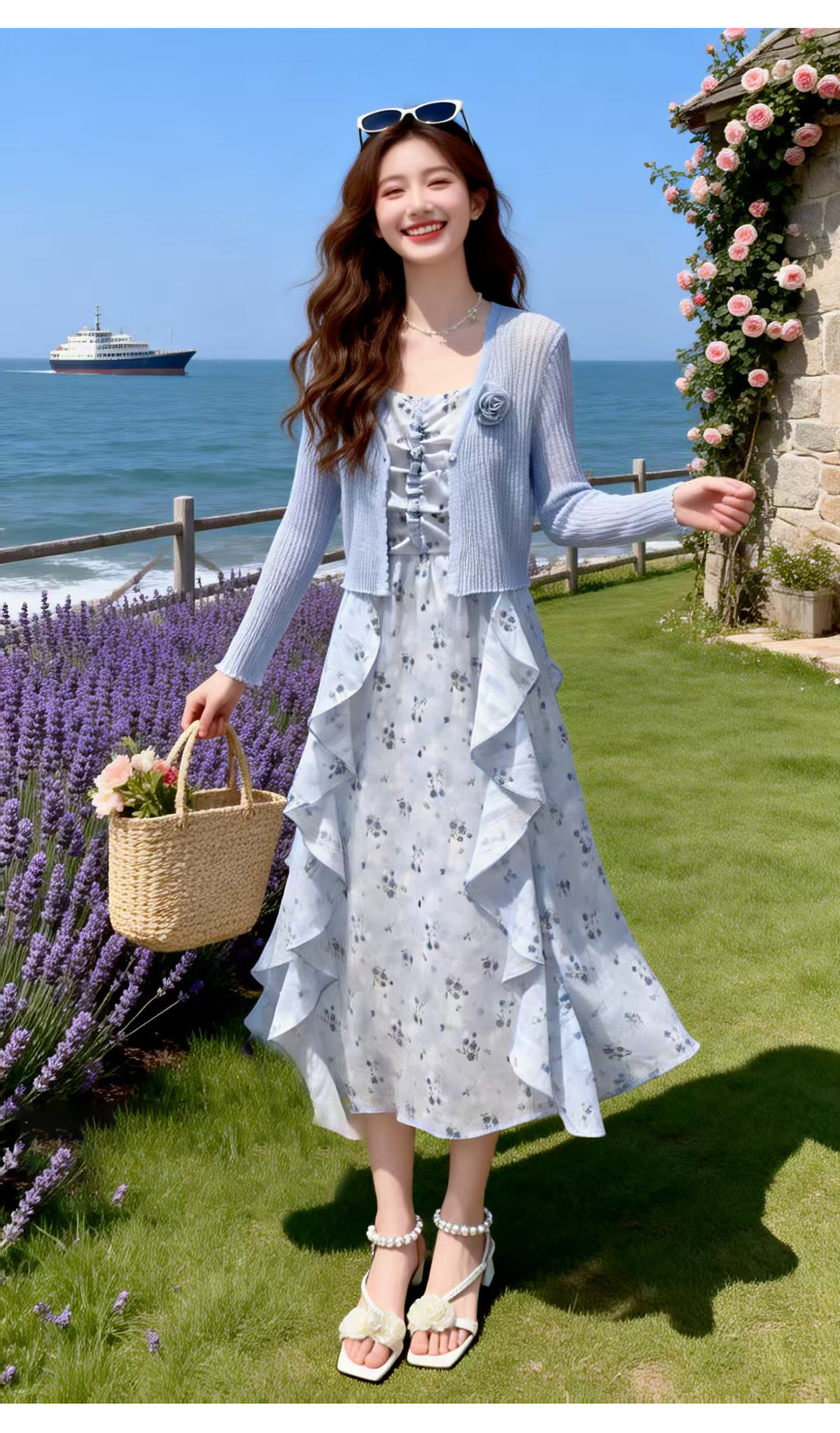 Bộ đầm hai mảnh gồm áo khoác cardigan và đầm maxi hoa nhí thắt eo BL2608 — xanh lam, màu be chi tiết 8