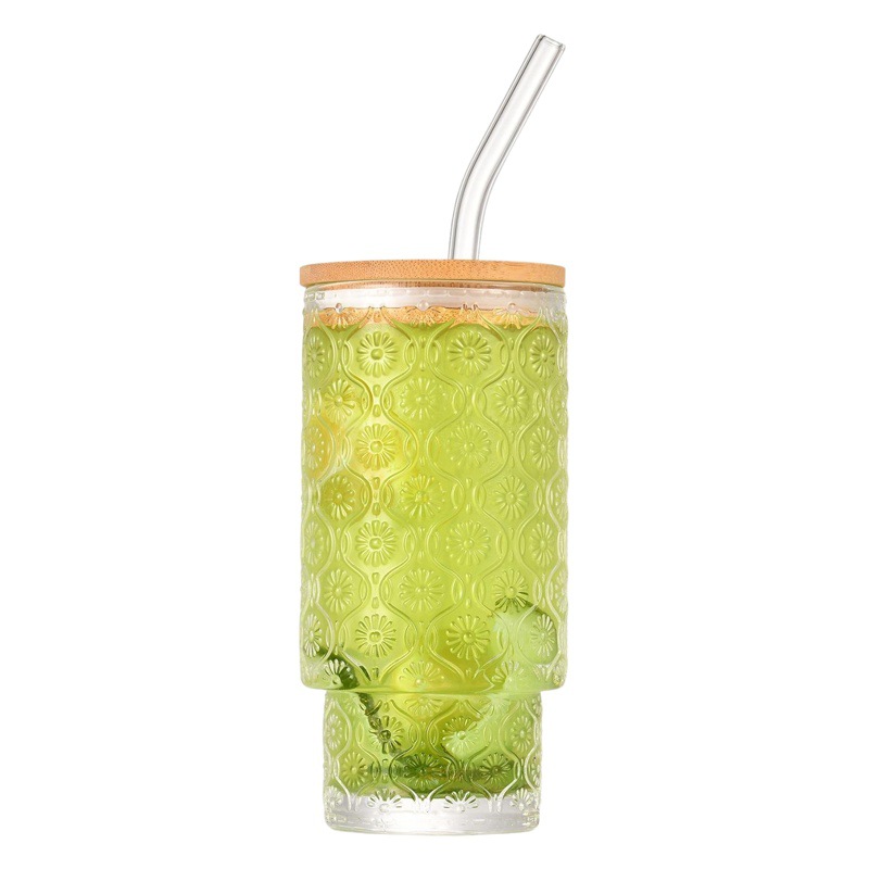 Amazon 16oz, patrón vertical, taza de vidrio apilada, con tapa y paja