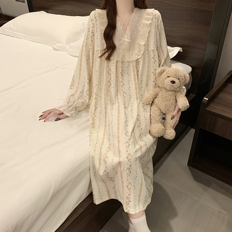 2025 pijama de otoño mujer delgado tejido pijama nubes de algodón de encaje dulce princesa vestido de vestir al por mayor