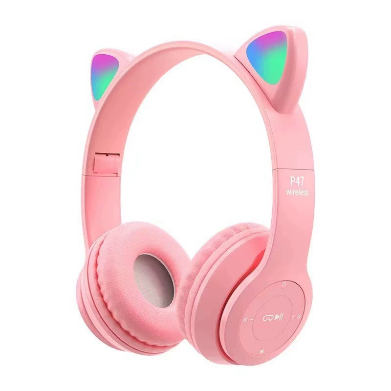 Bluetooth гарнитура P47M кошачьи уши, светящиесяRGB ушные светодиоды, тяжелый бас, беспроводной