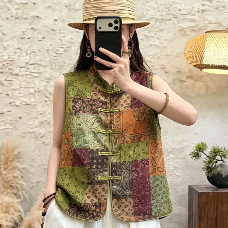 Chinese-style retro patchwork printed button-up vest for women, loose-fitting ethnic-style stand-up collar sleeveless vest for daily wear