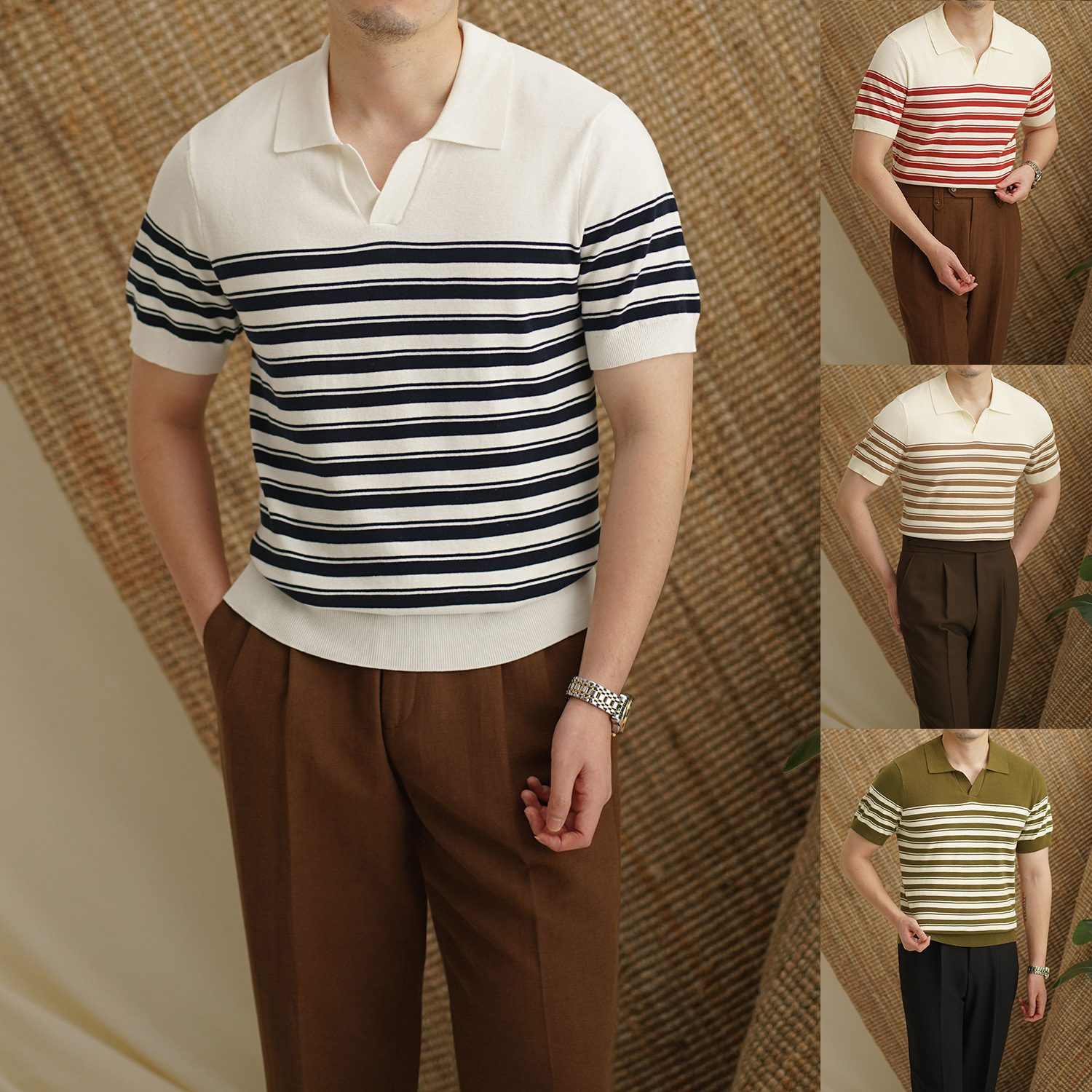 Polo camiseta de punto camiseta de manga corta hombre V-collar gaviota rayas viejas camiseta de hielo de viento de verano fábrica transfronteriza al por mayor