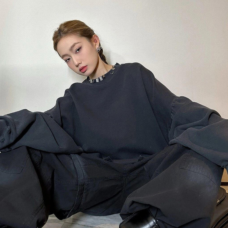 Washed Ceiling Paris Collar Engraving Ring Buckle Sweater B Home American Wear-out Old Long Sleeve Trendy T-Shirt