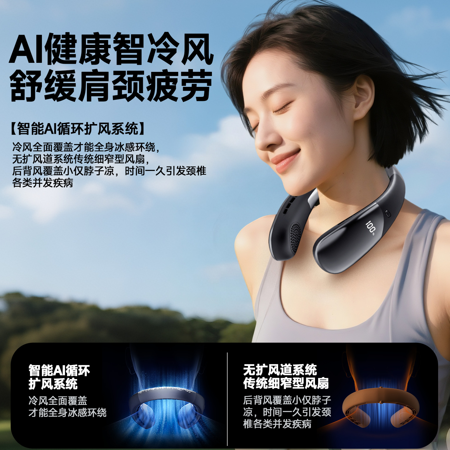 跨境挂脖风扇静音便携制冷空调扇超长续航无叶户外办公小风扇批发
