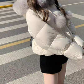 实体档口2025新款女装秋冬韩版修身显瘦毛领连帽短款羽绒服外套潮