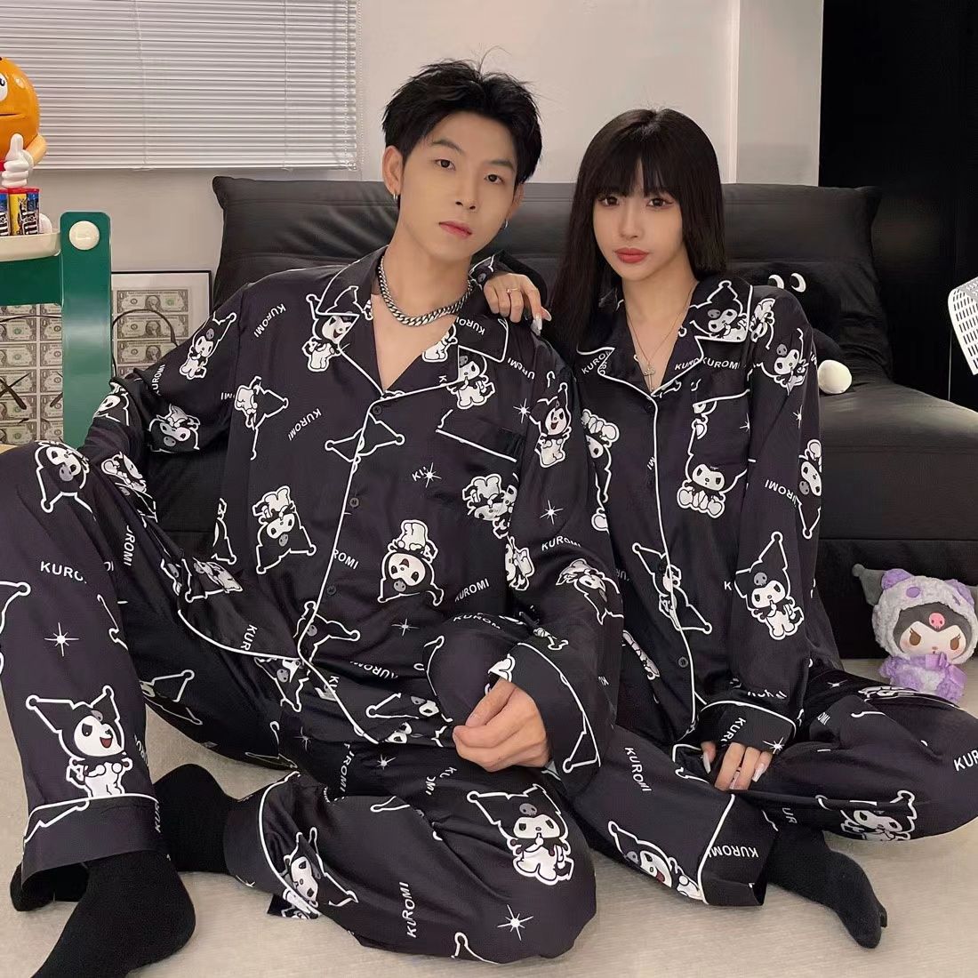 Japón Koolomi hielo pareja pijama mujer primavera y otoño manga larga hombre simulación seda set de ropa de casa verano