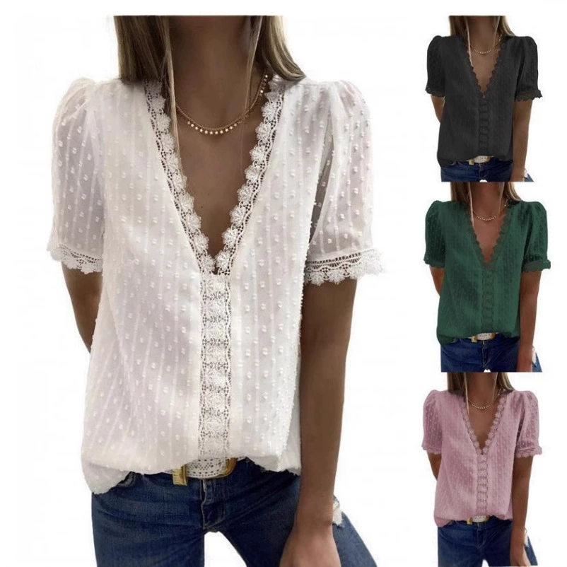Европейская и американская трансграничная внешняя торговля 2022 Amazon с глубоким V-образным вырезом шифоновая рубашка с вышивкой кружева с короткими рукавами