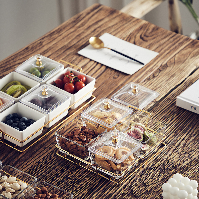 北欧酱料碟家用调味玻璃陶瓷点心小吃碗KTV水果碟拼盘糖果盘带盖