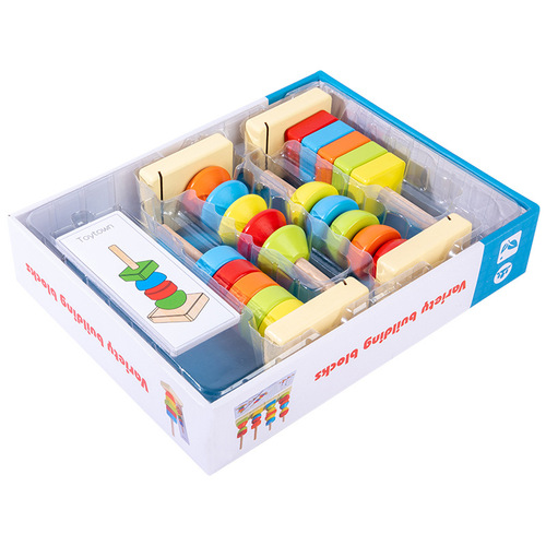 Creative wooden children's early education intelligence shape matching column building blocks thinking logic stacking shape tower toys