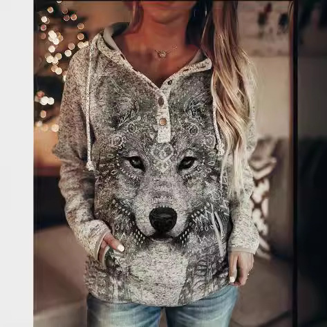 Women's Long-Sleeve Patterned Print Hooded Sweatshirt with Relaxed Urban Leisure Style, Pure Color, Fall Edition, European and American Style