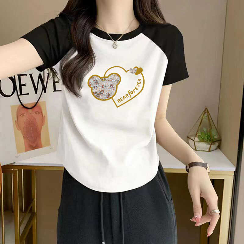 Threaded Cotton Short-sleeved T-shirt Women's Loose plus size Summer New Arrival Curved Hem Raglan Sleeve All-match T-shirt Top Trendy