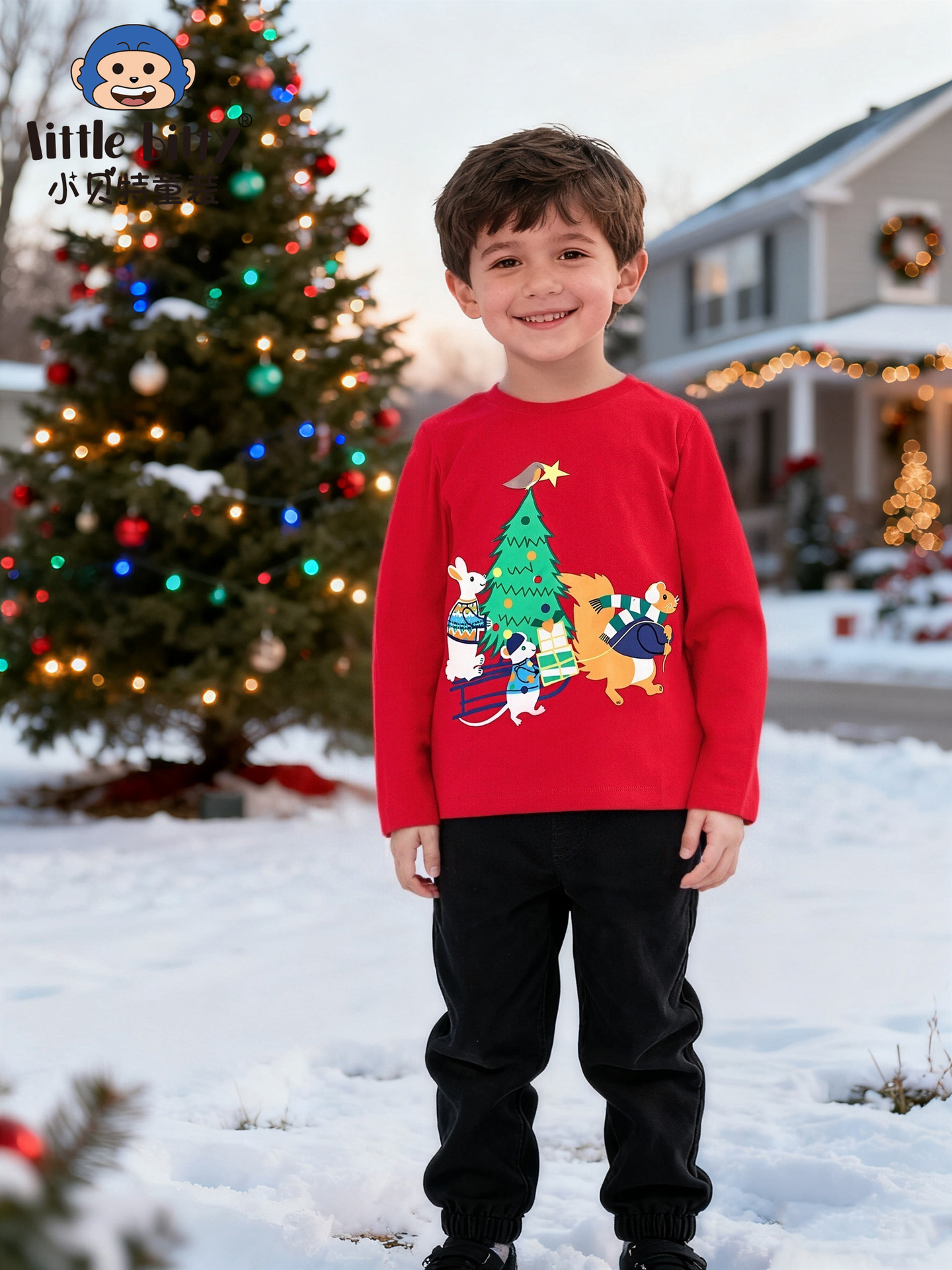 Christmas European and American Cross-Border Kidsren's Clothing 25 Autumn and Winter Long-Sleeved T-Shirts Cartoon Printed Kidsren's Pullovers Ready for Sale
