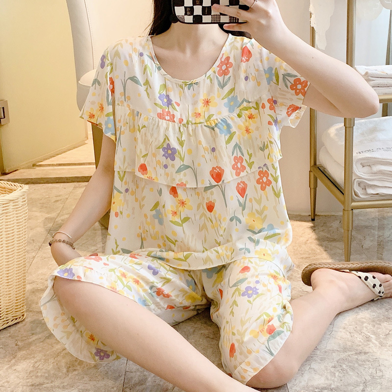 2025 New Anti-Bump Cotton Silk Pajamas for Women Summer Thin Short-Sleeved Mid-Pants Cotton Silk Suit Large Size Home Clothes