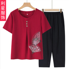 中高年のお母さんの夏服のスーツの気質の老人のおばあさんの半袖のtシャツの女性の夏服の2024夏服の新型