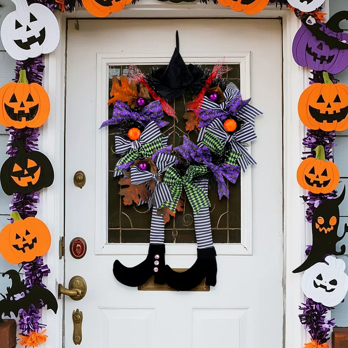 万圣节女巫帽长腿南瓜花环门挂跨境鬼屋恐怖花圈装饰挂件布置道具