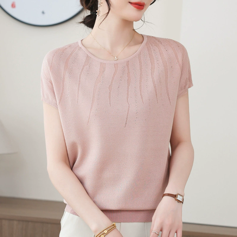 2025 новая летняя футболка с короткими рукавами, женские топы из ледяного шелка среднего возраста, модная летняя одежда для мам, универсальные рубашки с круглым вырезом