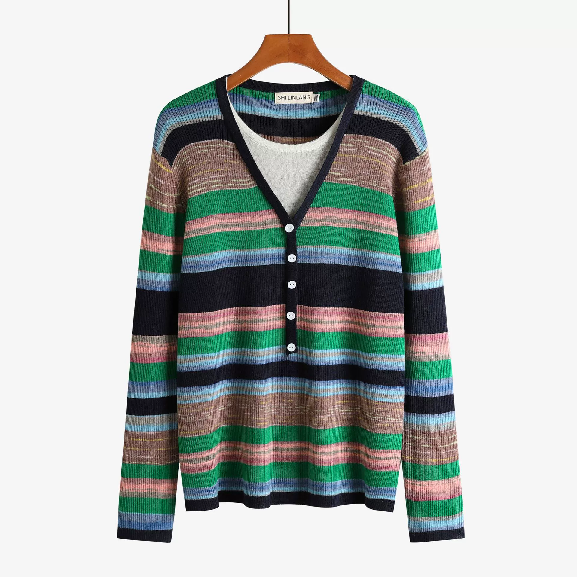 Высококачественная сегментная окрашенная женская одежда больших размеров 2023 осенне-зимний новый женский свитер искусственный пуловер из двух частей в полоску