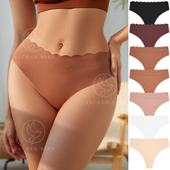 国境を越えた販売向け、女性用アイスシルクシームレスショーツ、通気性と快適性を備えた純綿クロッチ、ローウエスト、ウェーブエッジ、大きいサイズの女性用三角パンツ