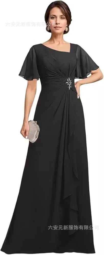 Vestido de novia de gasa de Amazon vestido de madre mariposa de manga corta plisada larga aplicación vestido de invitado de boda