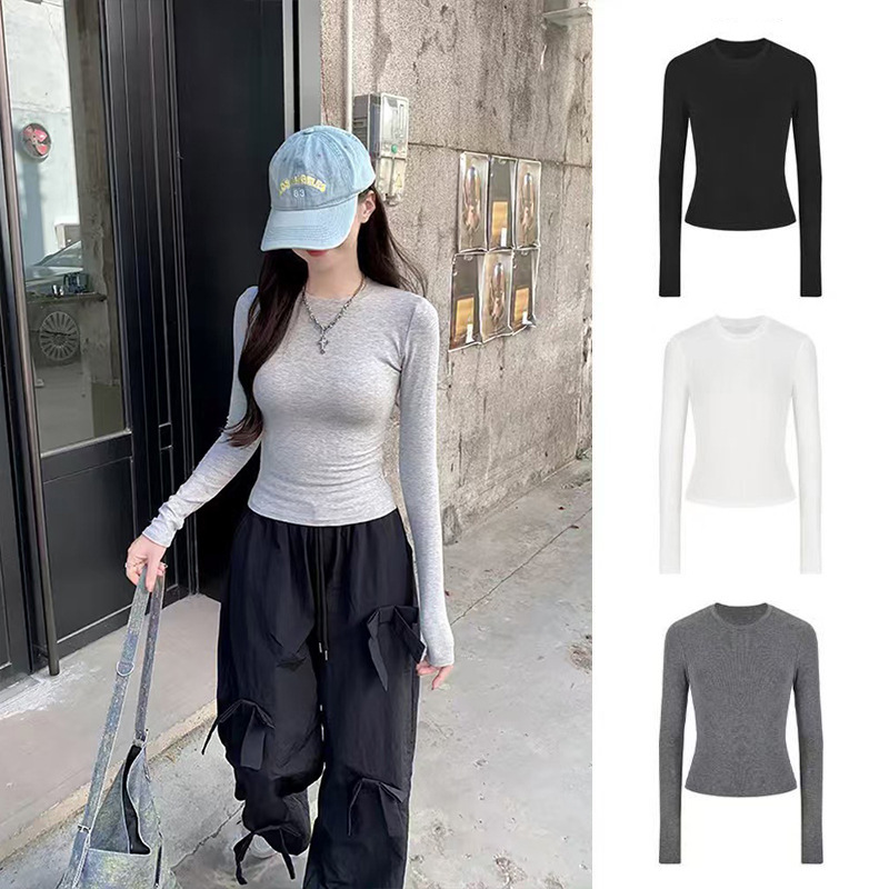 跨境东南亚新款辣妹掐腰长袖T恤女修身显瘦百搭打底衫女装上衣潮|undefined