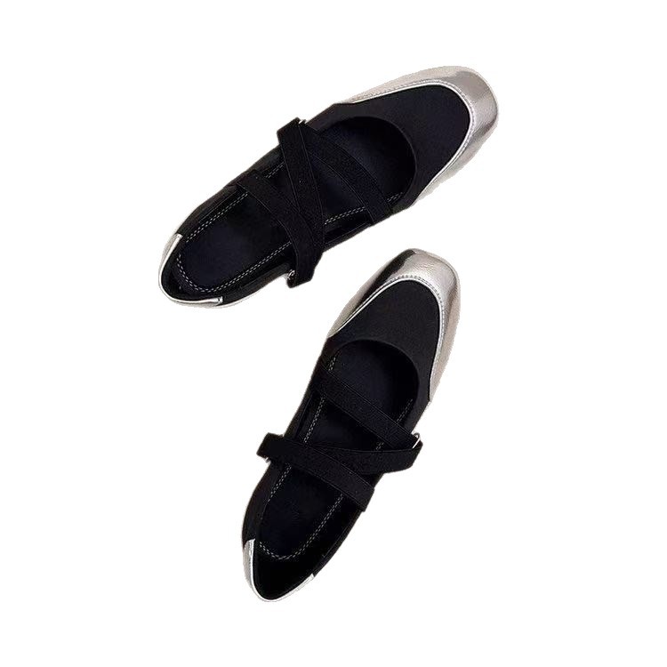 2026 primavera y otoño nuevos zapatos de ballet superficiales Marizhen elásticos zapatos de suela suave plateados zapatos de cabeza cuadrada zapatos de suela plana para mujeres