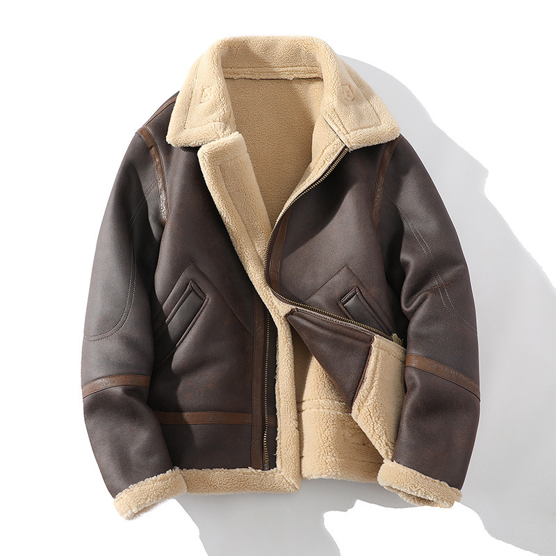 Cross-border New Winter Foreign Trade Men's Handsome Motorcycle Leather Jacket fleece-lined Thickened Lapel Fur One-piece Leather Jacket