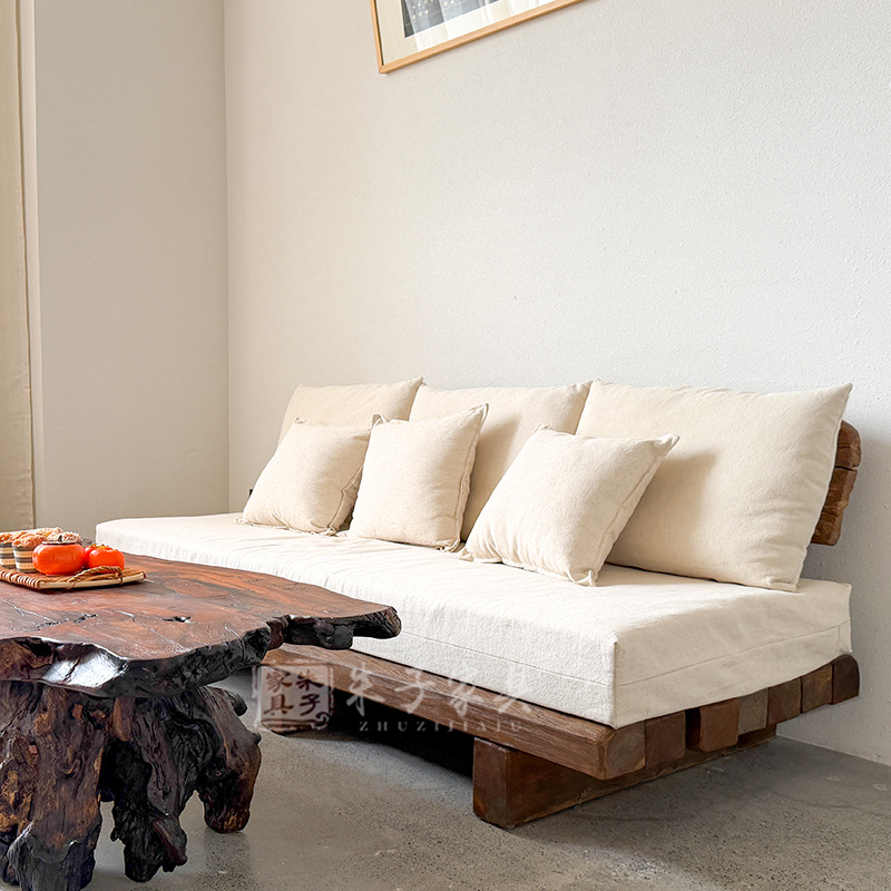 Customized Wabi-Sabi Style Solid Wood Sofa Bed, Dual-Purpose for Living Room, Home Use, Three-Seater, Removable and Washable Fabric Sofa, 2m Guesthouse