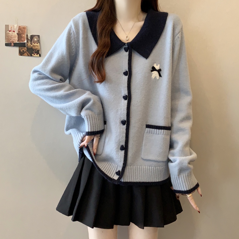 light blue lapel shoulder sweater coat women's 2025 spring new plus size chubby girl age-reducing knitted cardigan top