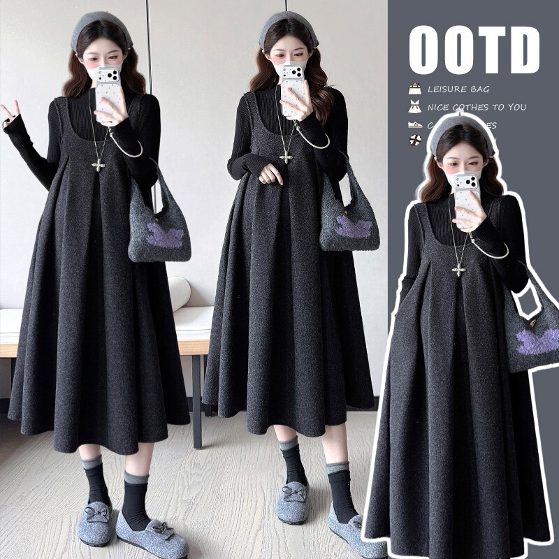 New 2026 Autumn/Winter Korean-style French mid-length woolen maternity plus-size dress + base sweater set