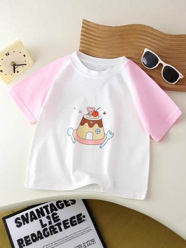 New Korean-style printed short-sleeve T-shirt for girls—summer, trendy, color-blocked, raglan-shoulder pullover—short-sleeve top for little girls