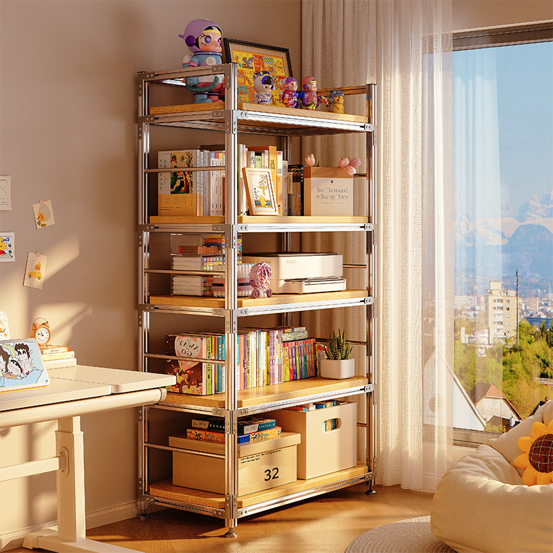 Estantería de perfil de aluminio Estante de piso Estante de almacenamiento multicapa Estante de almacenamiento Estante para niños Una estantería simple para estudiantes contra la pared