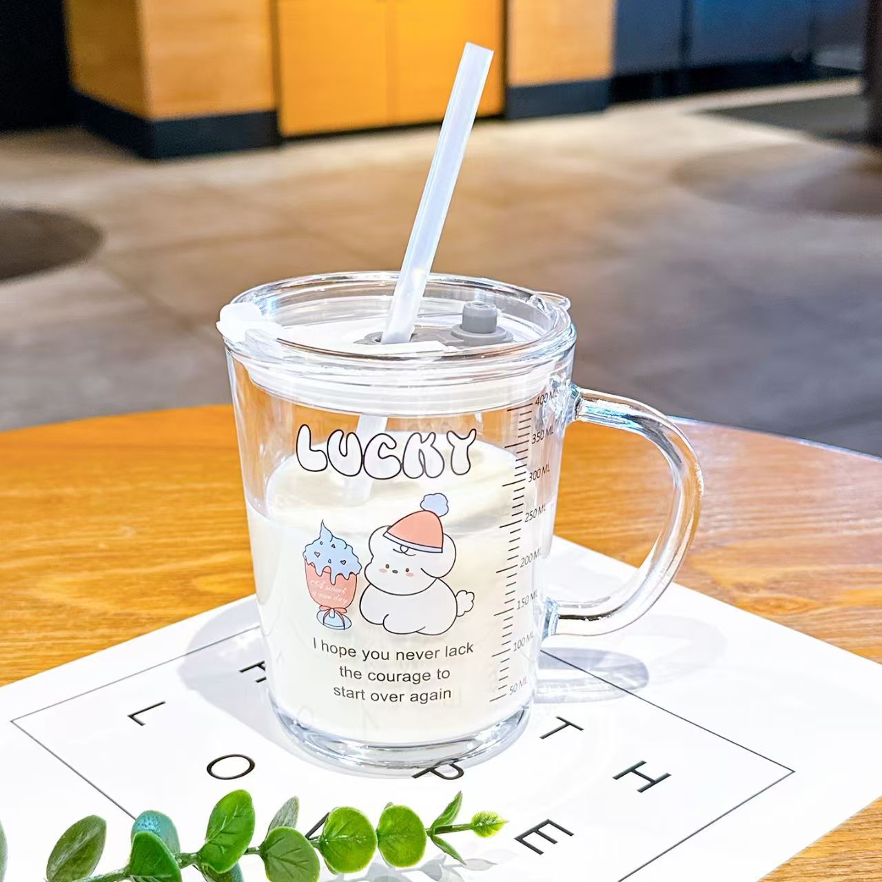 Household Children's Water Cup Handle Cup Glass Straw Cup Breakfast Milk Drink Water Cup with Lid with Straw