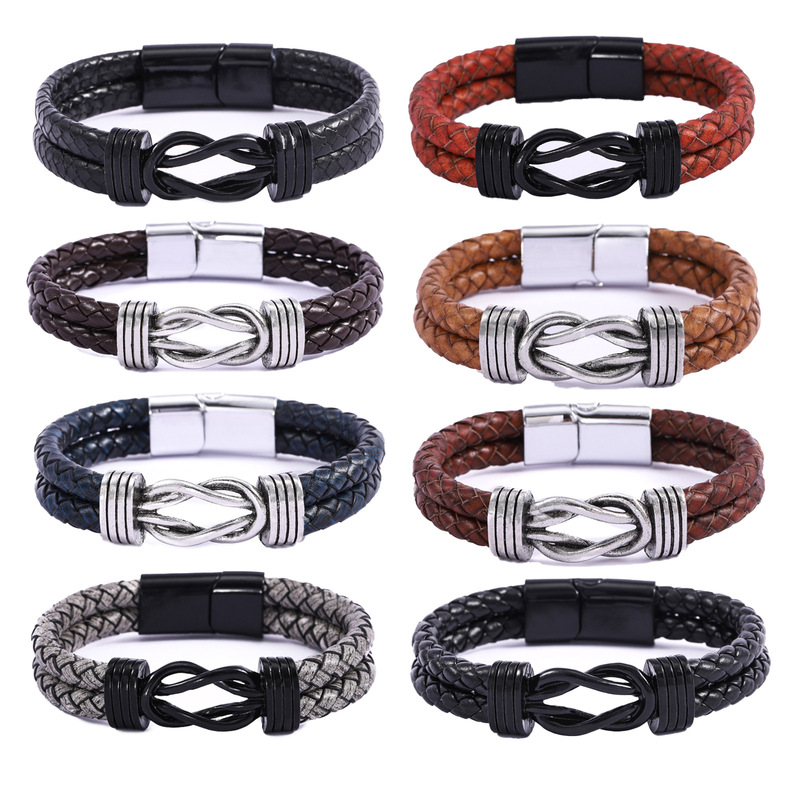 Retro Leather Bracelet for Men with Infinity 8 Symbol, Two Braided Leather Rope Bracelets, Fashionable and Personalized Wristband Retro Leather Bracelet for Men with Infinity 8 Symbol, Two Braided Leather Rope Bracelets, Fashionable and Personalized Wristband