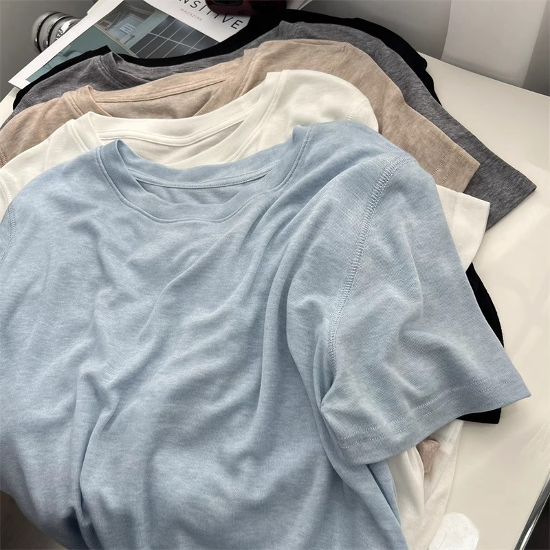 Japanese-Style Soft and Thin Short-Sleeve T-Shirt for Women, Summer Loose and Gentle Solid Color Round Neck Pullover Knit Base Top Trendy
