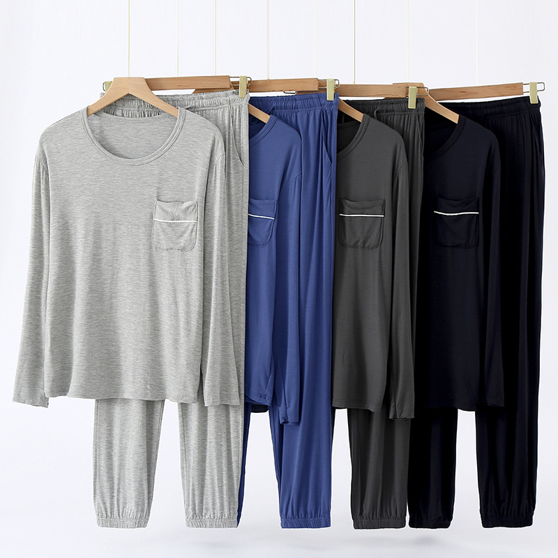 Men's Simple Casual Pajamas Home Clothes Round Neck Foot Set Outer Wearing Long Sleeve Pants Set Spring and Autumn Men's