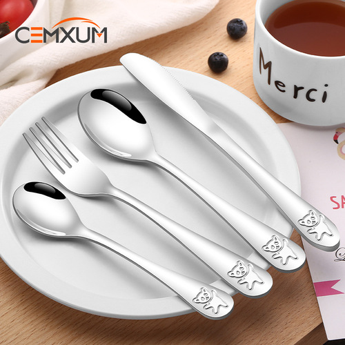 Cross-border Stainless Steel Western Tableware Creative Children's Western Fork and Spoon Set with Cute Bear Steak Knife, Fork, and Spoon