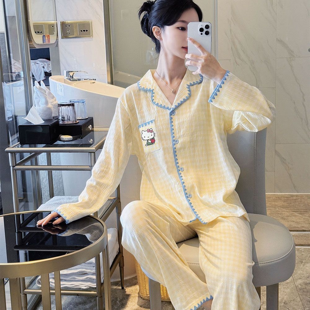 工厂批发睡衣女款春秋季翻领长袖长裤套装云朵棉家居服可外穿