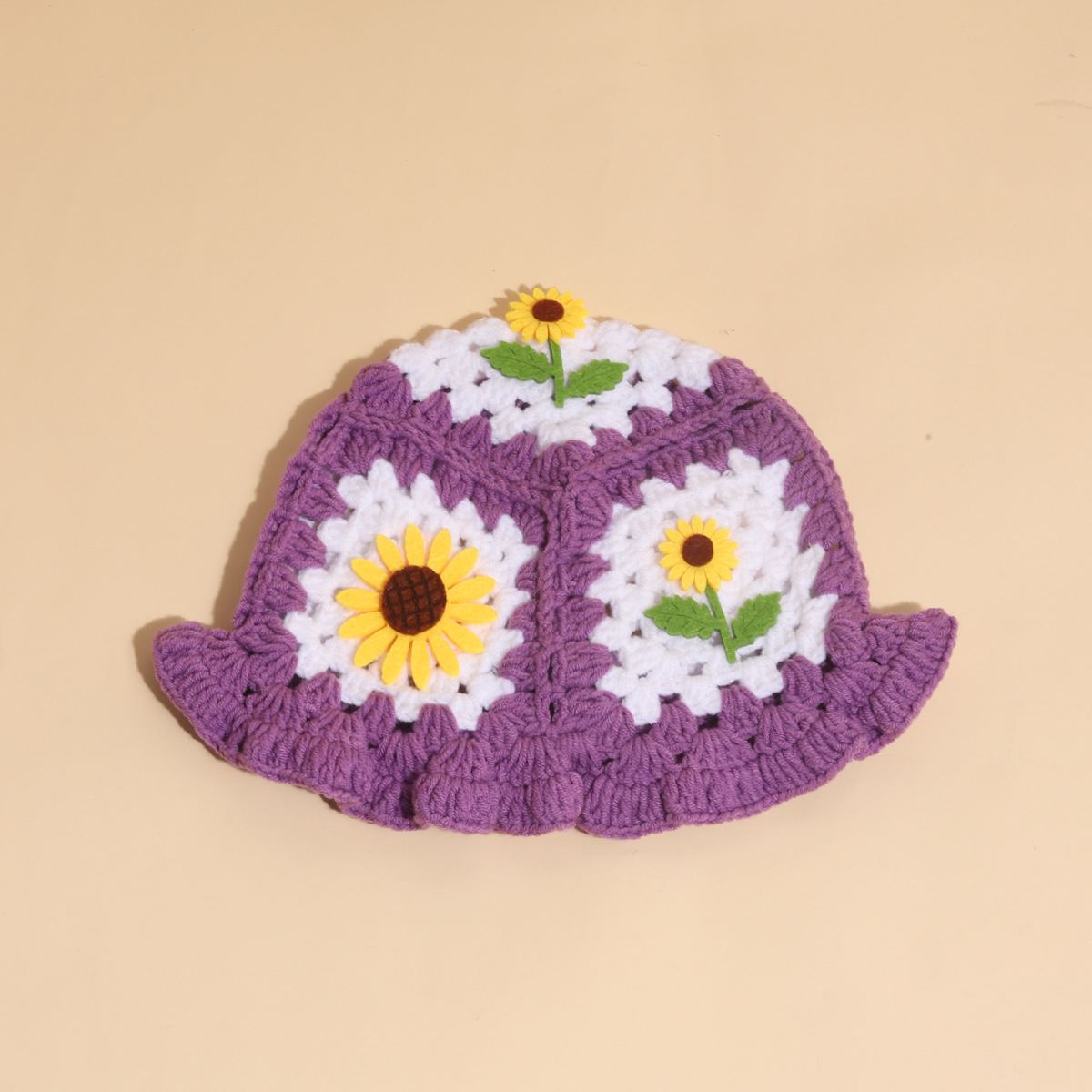 Cappello da pescatore con girasole tessuto a mano, autunno e inverno, carino cappello infantile con bordo a fungo, in lana all'uncinetto_voghion.com
