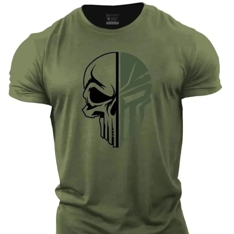 Wholesale Dropshipping 2025 Summer New 3D Men's T-Shirt with Military Skull Print Short-Sleeve Men's Sports Top