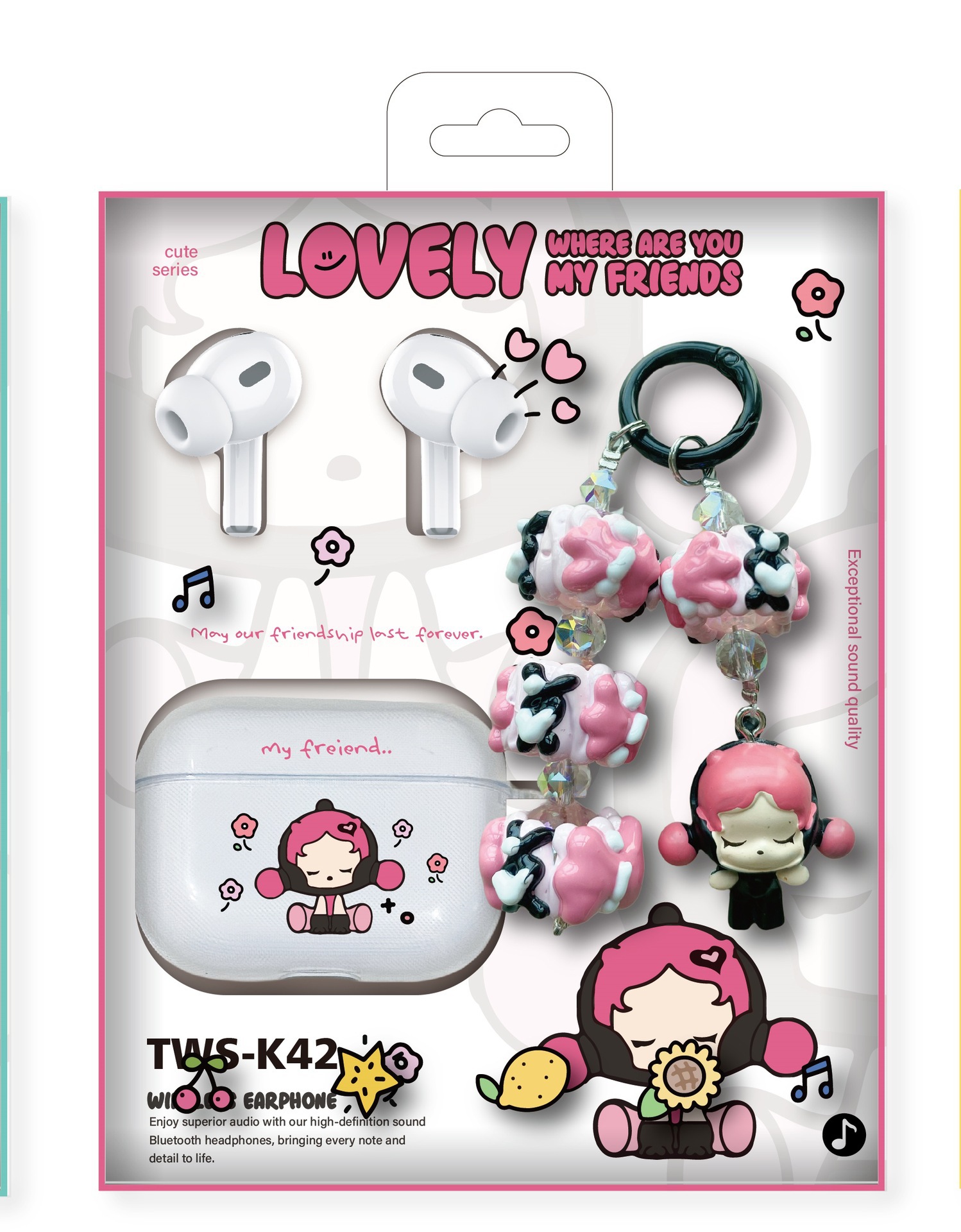 跨境新款TWS-K42入耳式真无线蓝牙耳机5.3卡通公仔挂珠硅胶保护壳