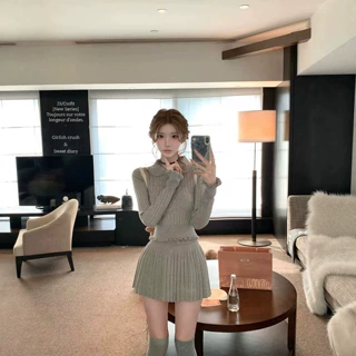 韩系学院风针织连衣套装裙女装初春季灰色娃娃领上衣半身裙两件套