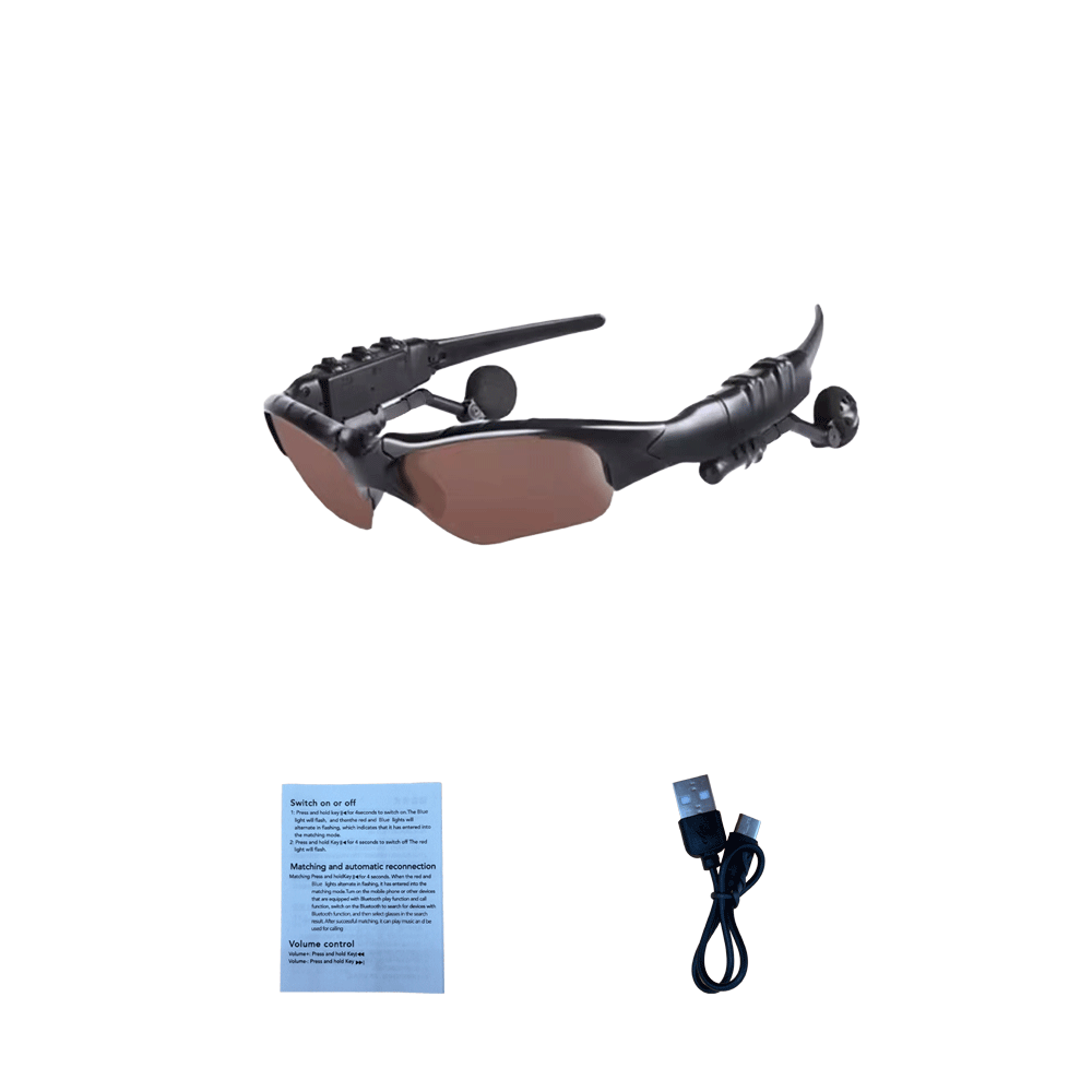 Bolsa con montura negra y lentes marrones (incluye instrucciones, cordón y bolsa de sellado independiente).