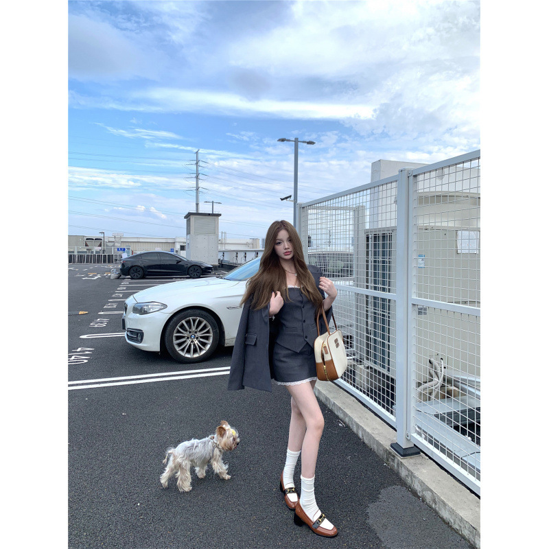 昕可达 '西西里少女'灰色条纹蕾丝边吊带背心裙裤套装|undefined