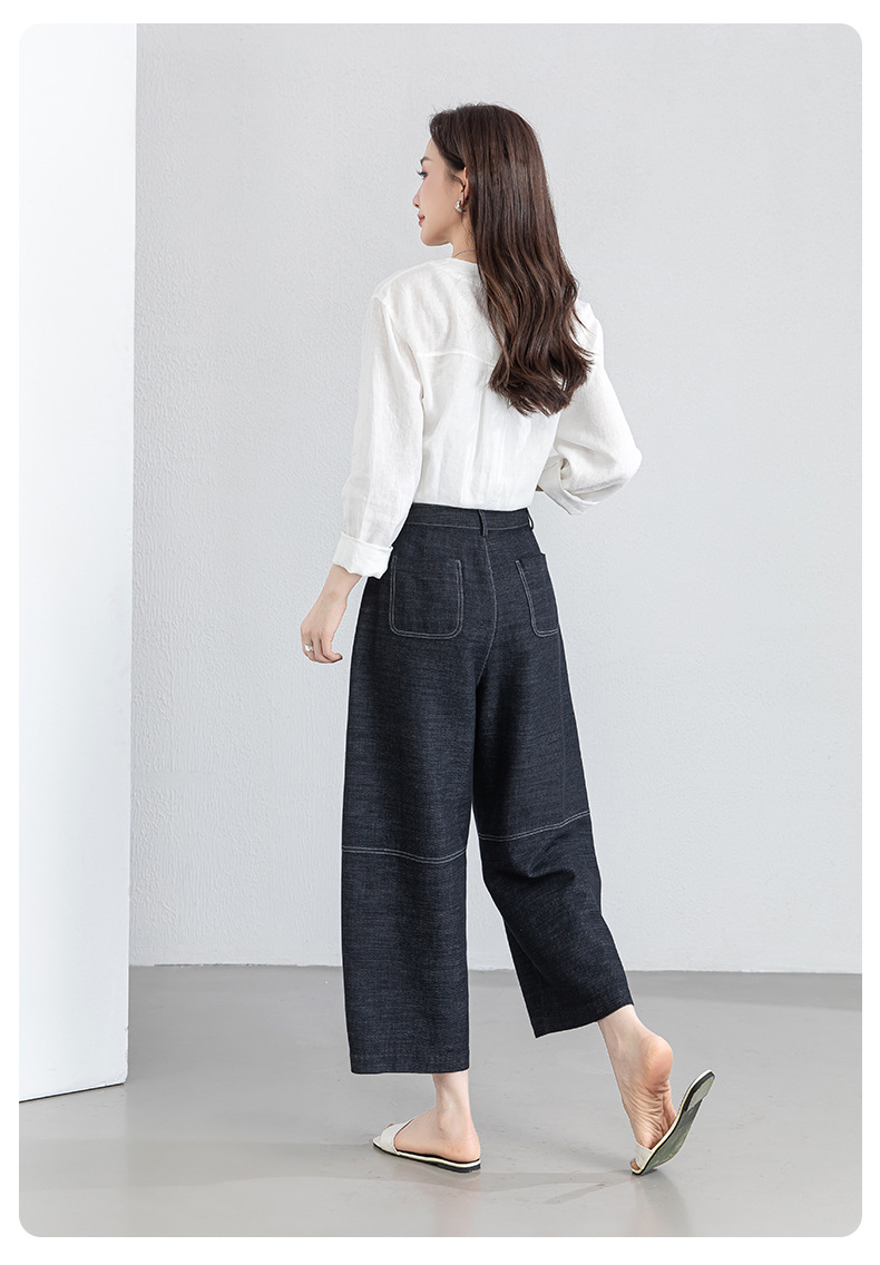 Quần jean nữ ống rộng eo cao vải linen mát mẻ phong cách cổ điển — xanh lam chi tiết 23