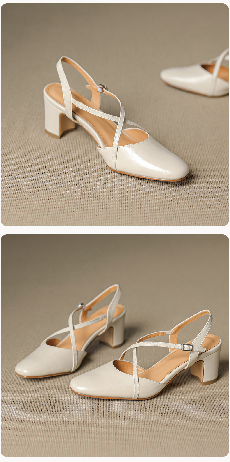Sandal cao gót nữ mũi nhọn quai chéo buộc dây, gót vuông ổn định — màu trắng ngà chi tiết 20
