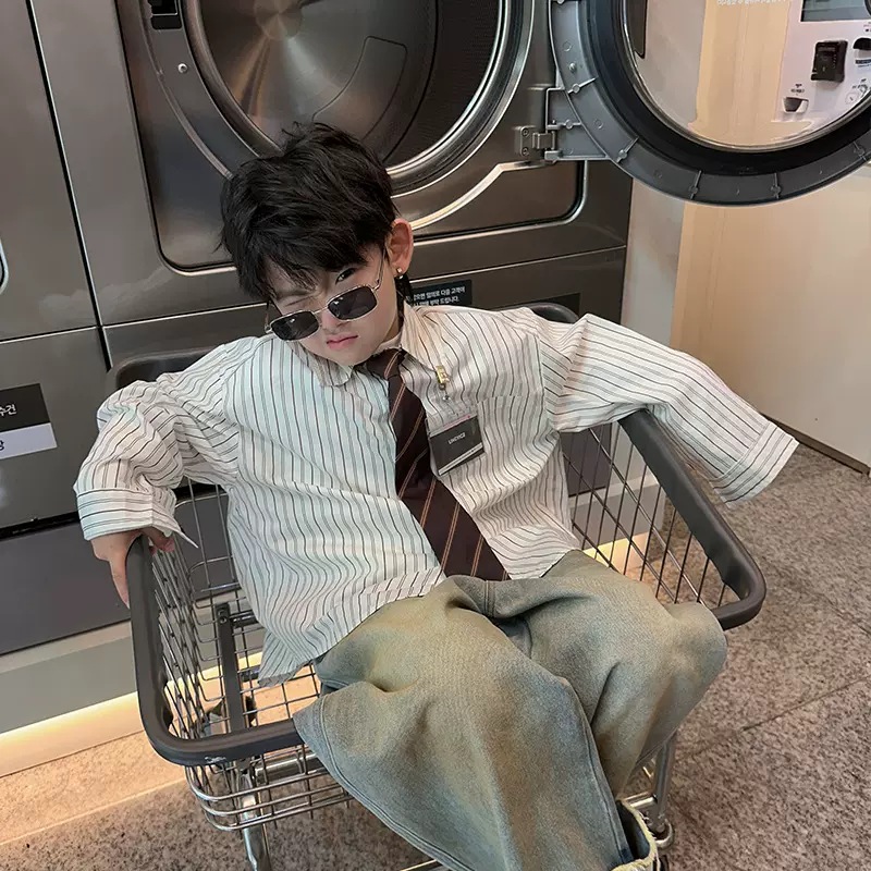 以鸿制衣儿童衬衫25秋男童含领带条纹衬衣韩版宽松休闲装洋气内搭