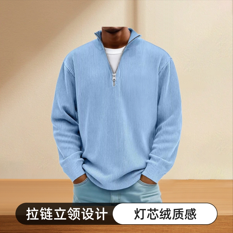 Amazon 2025 New Autumn and Winter Men's Casual Stand-Up Collar Zipper Corduroy Long-Sleeved Men's Polo Shirt Sweatshirt