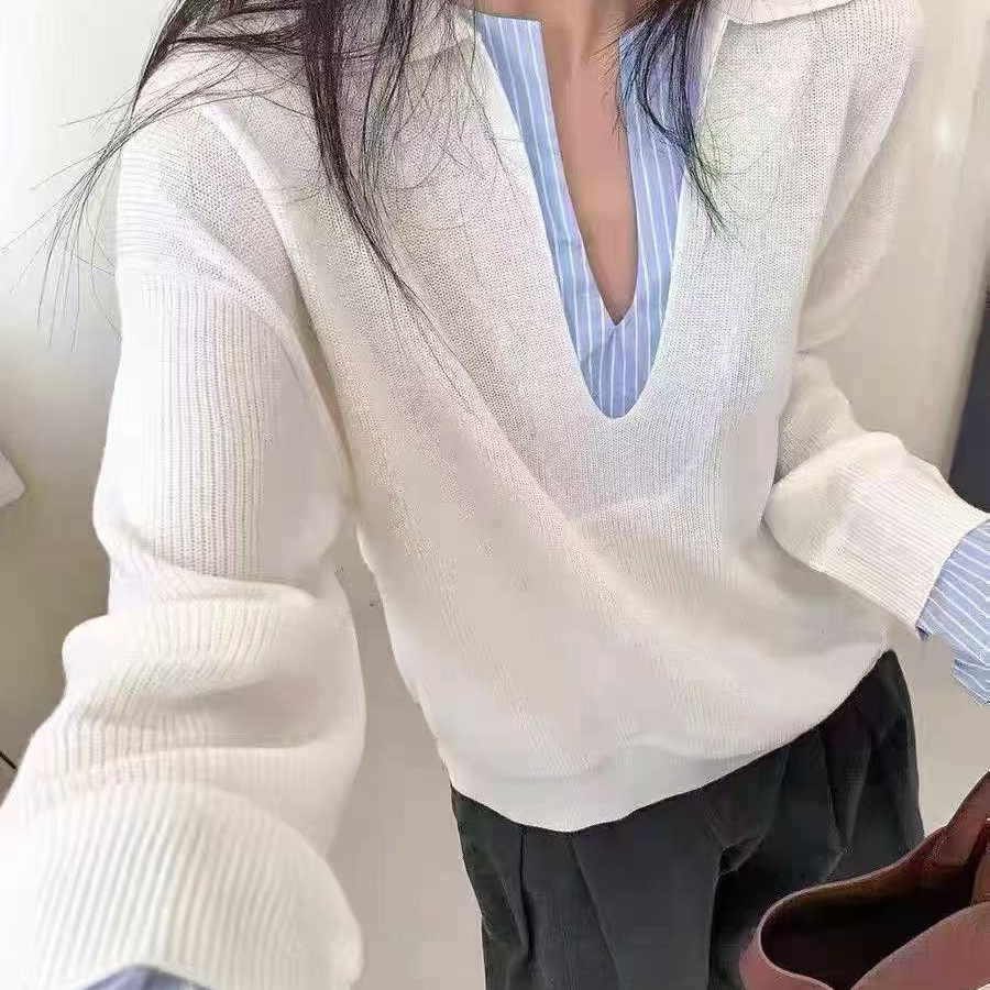 设计感宽松显瘦2025韩系条纹拼接假两件长袖针织衫女早秋新款软糯