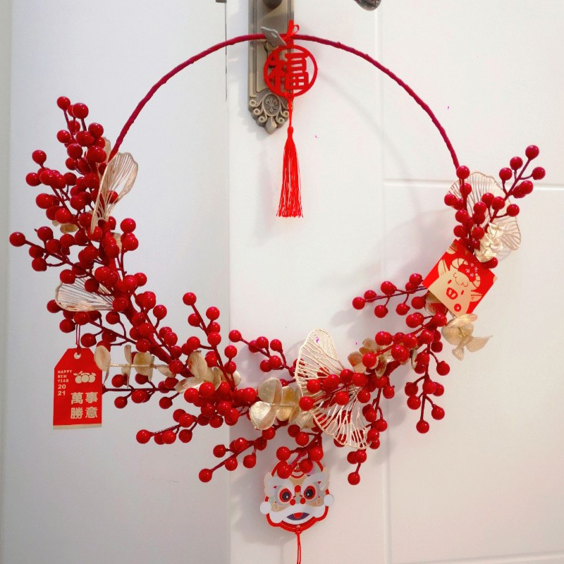 新年發財果婚房裝飾年宵花環門掛仿真花龍年新春家用櫥窗掛件送禮