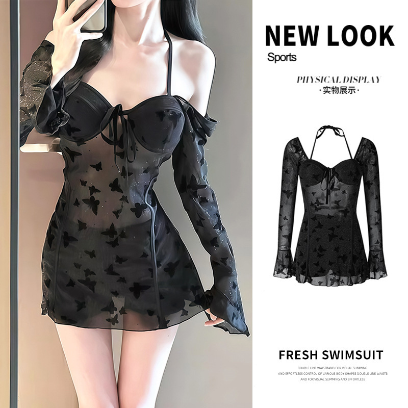 Black Butterfly Shimmer One-Piece Swimsuit for Women, Long-Sleeve, Slimming, Sheer, Sexy, Small Bust, Gathering, Hot Spring